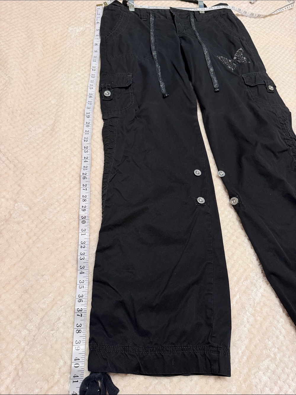 Express Black Straight Leg Cargo Pants with Rhinestone Butterfly Accent - Picture 4 of 6